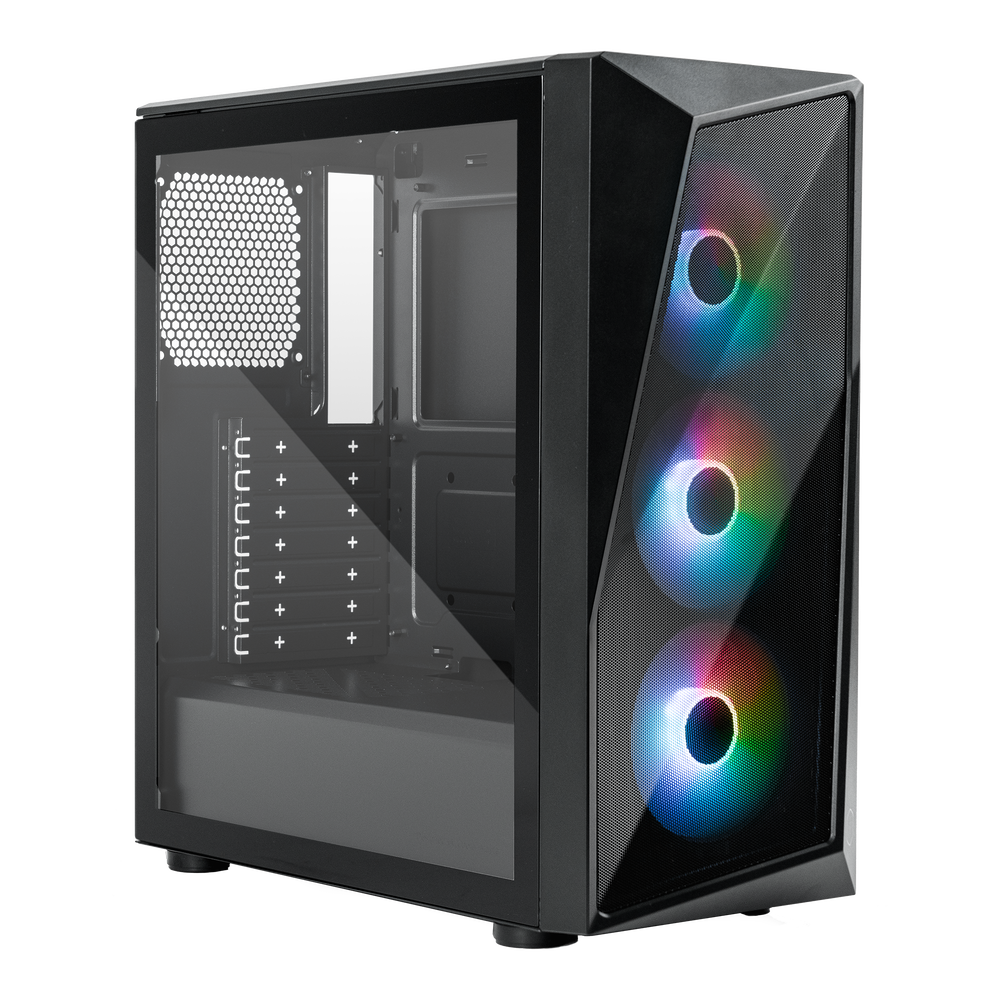 Cooler Master CMP 520 siyah Mid Tower kasa, temperli cam yan panel ve ön panelde aydınlatılmış üç ARGB fan, çapraz görünüm