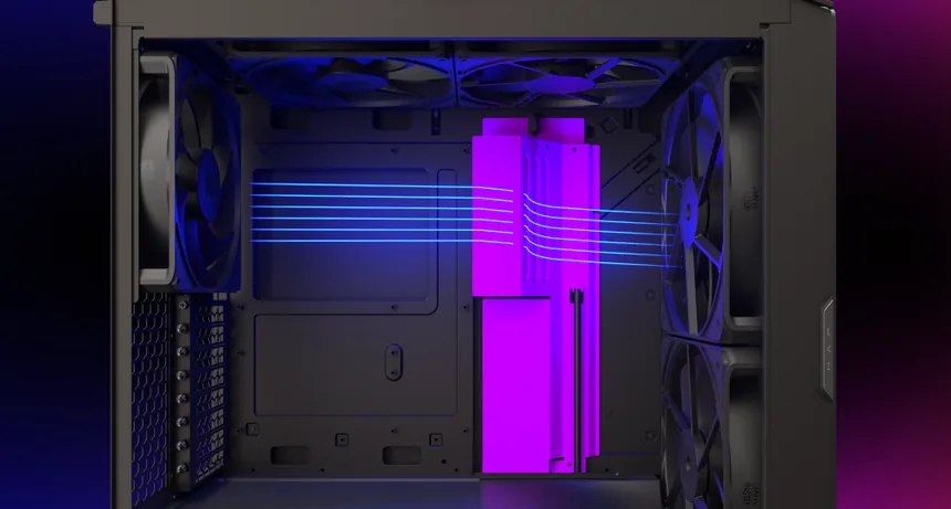 HAF II 500 sliding cable cover highlighted inside the chassis