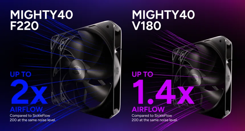 Mighty40 F220 and Mighty40 V180 fan airflow comparison graphic
